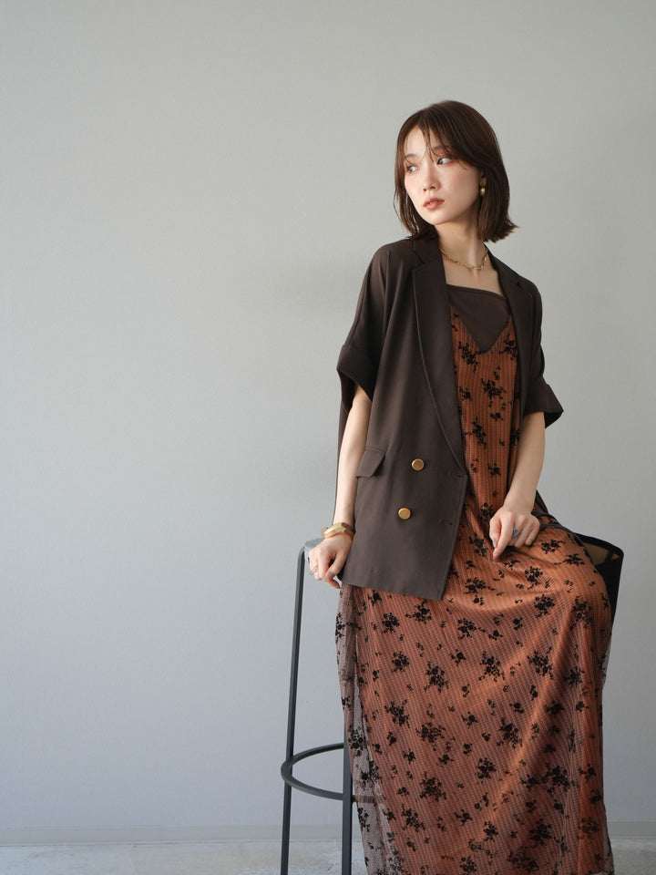 [套裝] 植絨薄紗層疊天鵝絨吊帶連身裙 + 金色紐帶半夾克 (2 套)