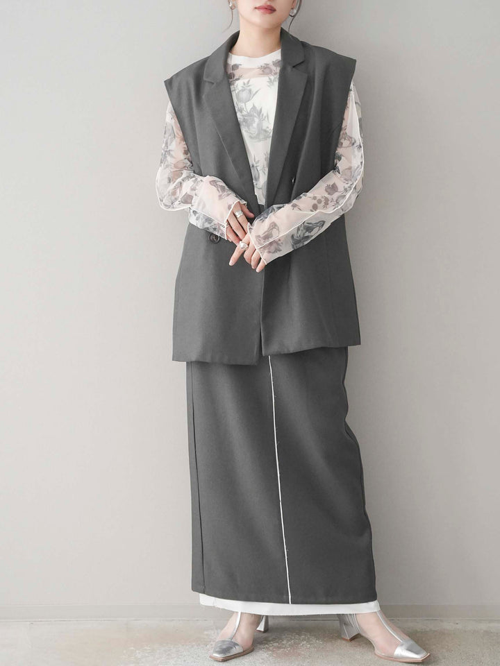 【預購】花朵印花羅紋領透薄柔和上衣/米白色單色