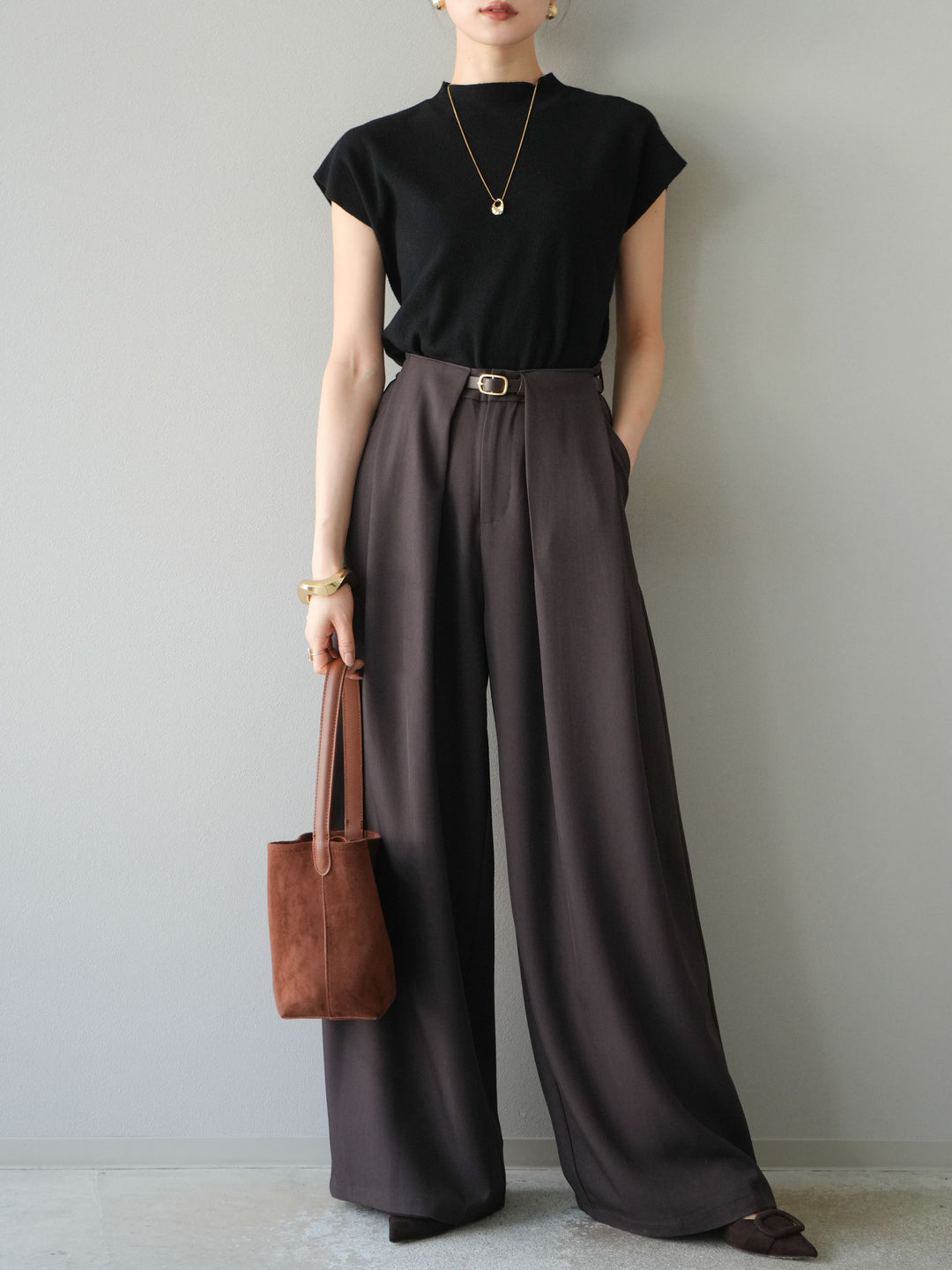 [予約]プチネックフレンチニットトップス/ブラック