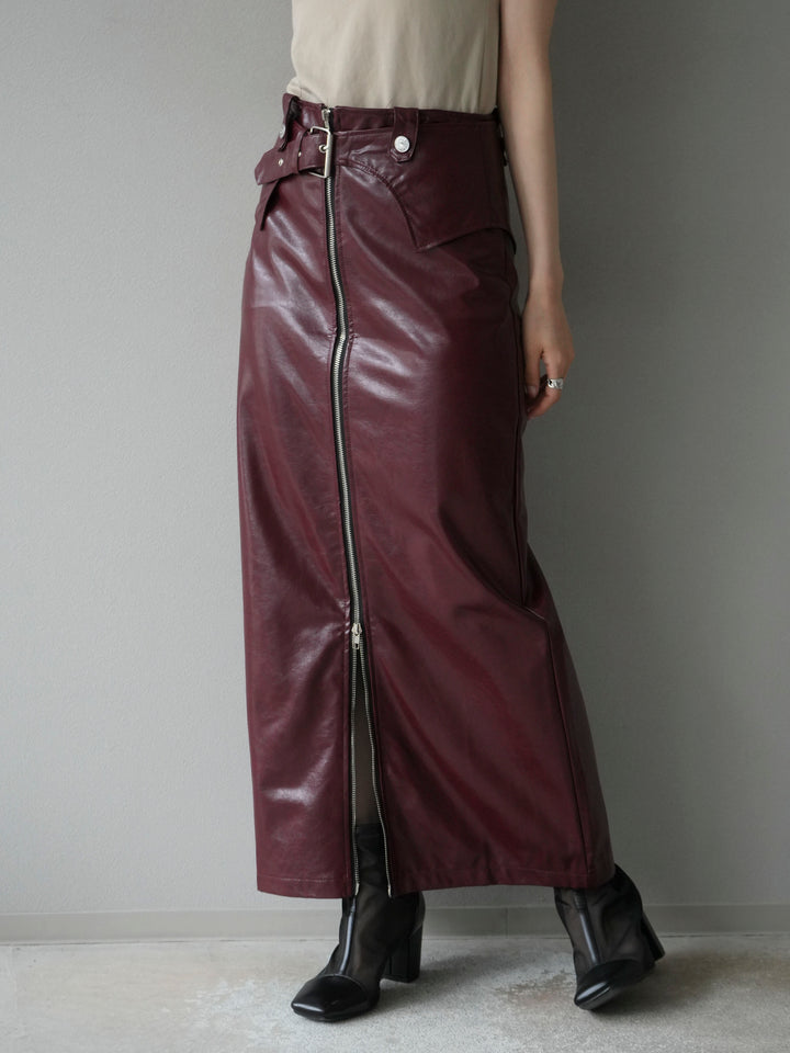 [予約]ベルトデザインレザータッチZIPタイトスカート/レッド