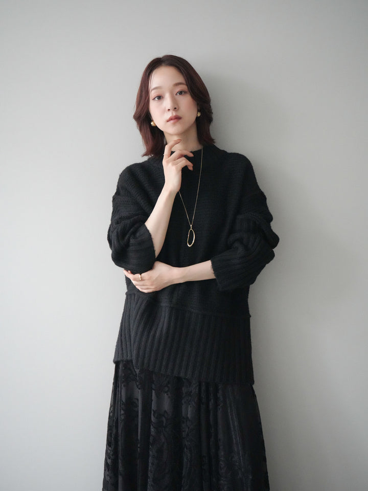 [SET]編み地切替ボトルネックニットプルオーバー+アンティーク柄フロッキーマキシスカート(2set)