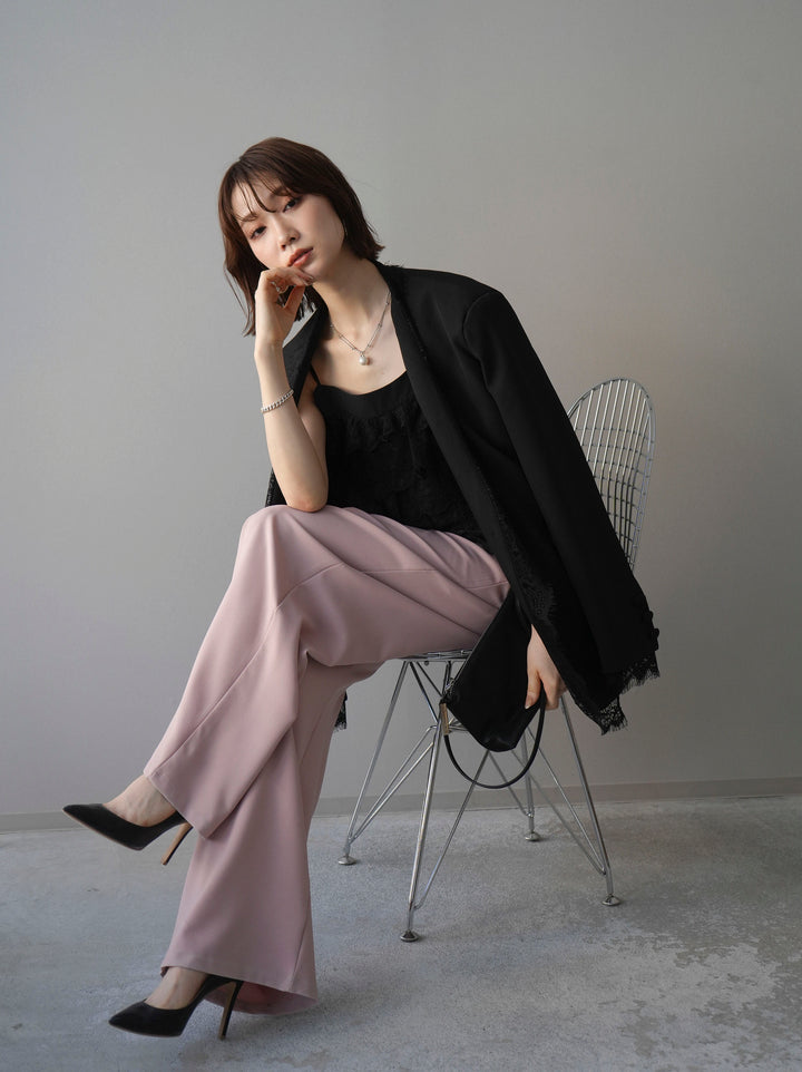 [SET]ノーカラーレースジャケット+ベルト付キーホルダーモチーフワイドパンツ(2set)