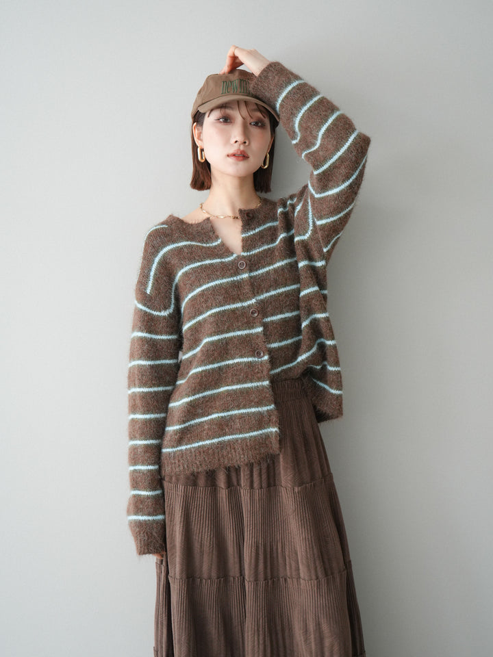 [予約]ボーダーシャギーニットカーディガン/brown