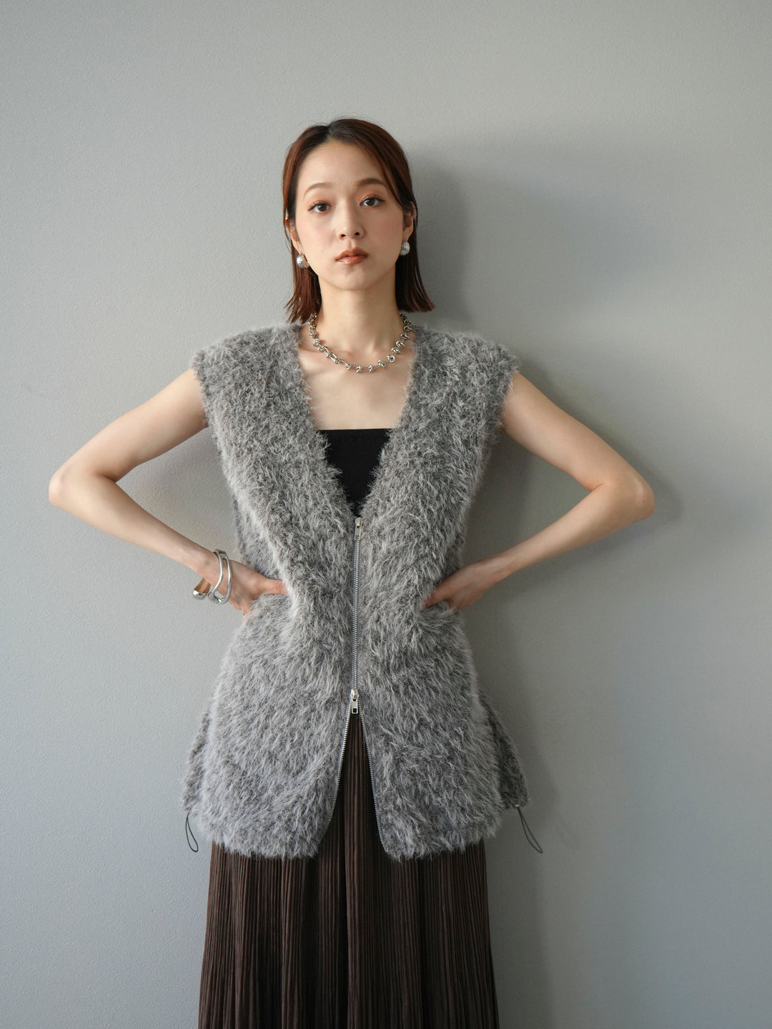 [予約]ダブルZIPループシャギーベスト/ブラック