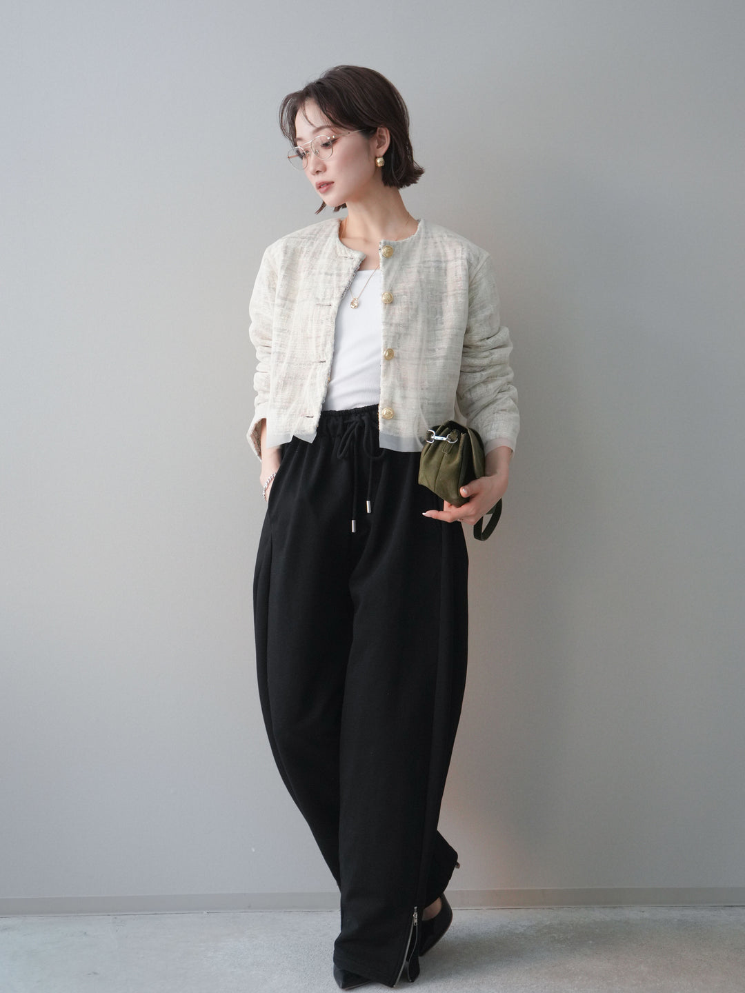 [SET]チュールレイヤードツイードクロップドジャケット+裾ZIPスエットワイドパンツ(2set)