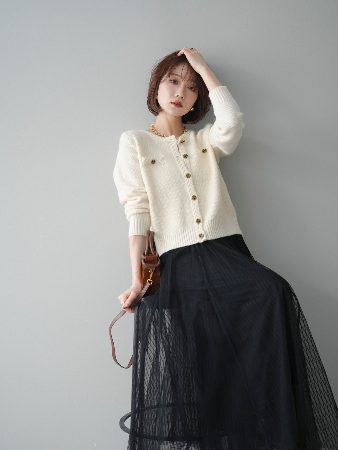 [SET]編みこみアンティークボタンニットカーディガン+チュールストライプボリュームスカート(2set)