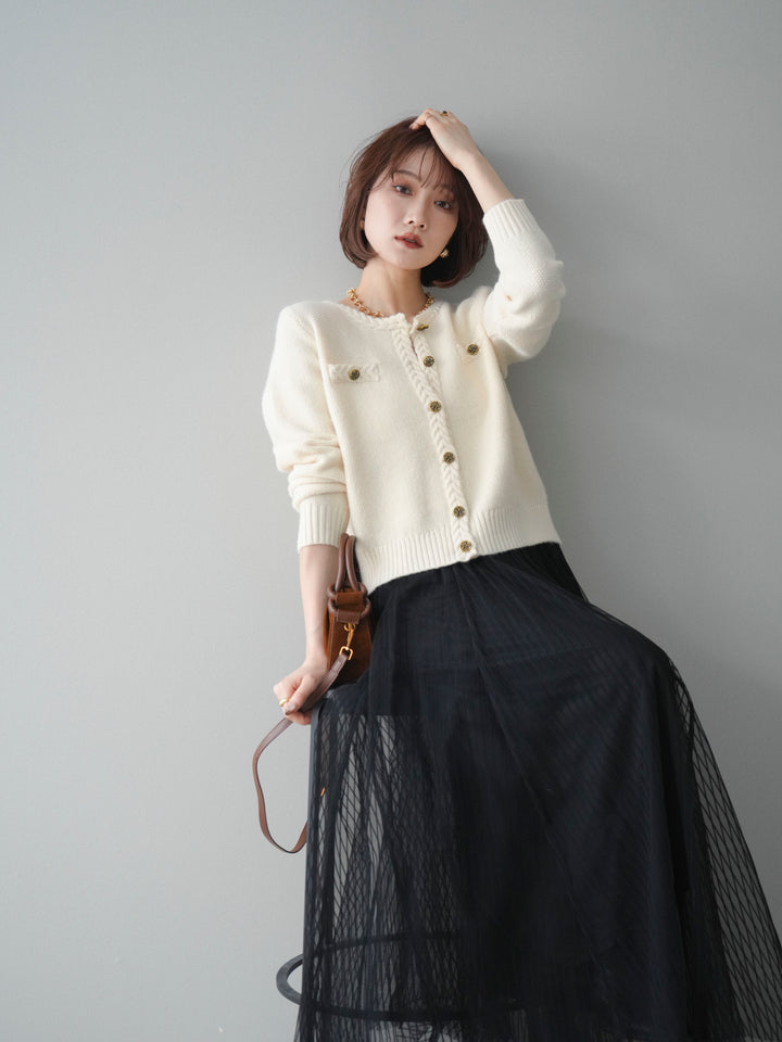 [SET]編みこみアンティークボタンニットカーディガン+チュールストライプボリュームスカート(2set)
