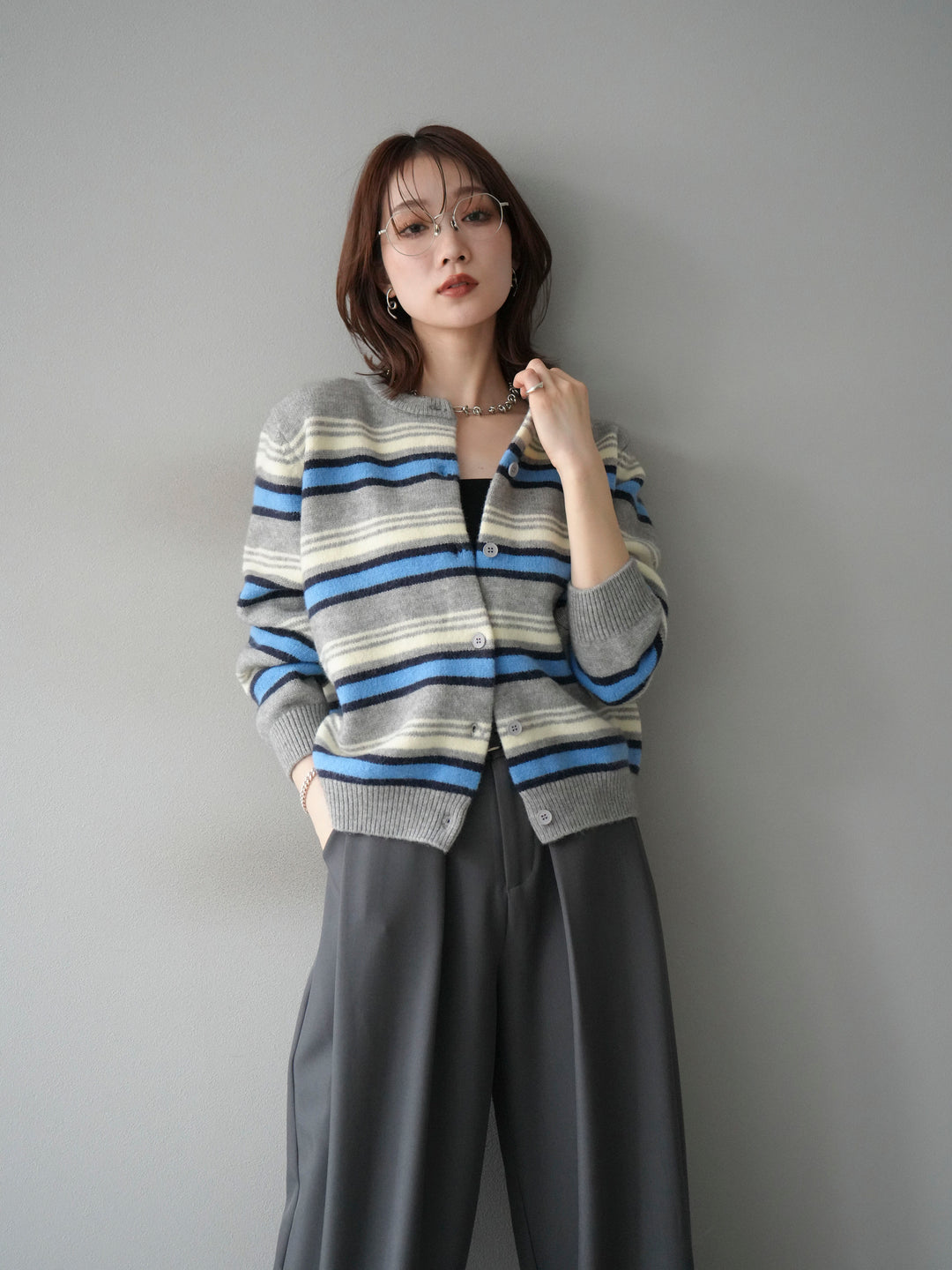 [予約]マルチボーダーニットカーディガン/gray