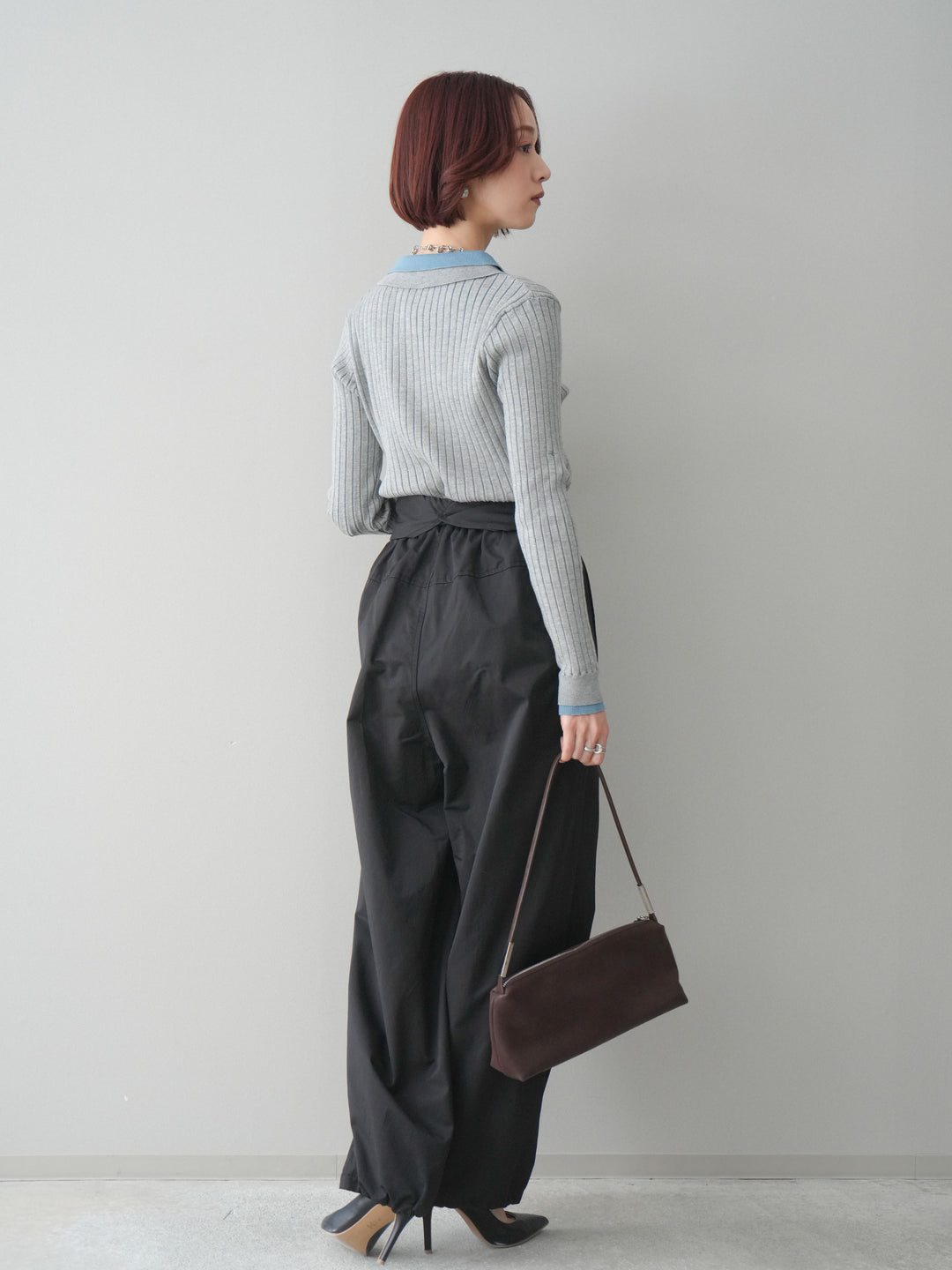[SET]ダブル襟ポロリブニットトップス+ウエスト巻きデザインドロストコットンナイロンパンツ(2set)