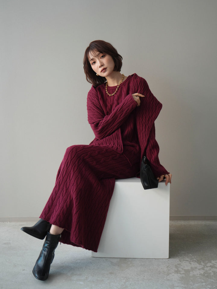 [SET]ストール付ケーブルニットプルオーバー&ロングスカートSET UP+選べるアクセセット(2set)