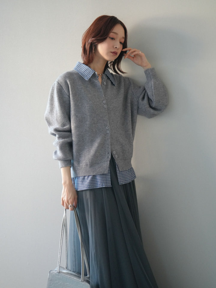 [SET]チェックシャツ襟ニットカーディガン+チュールボリュームスカート(2set)