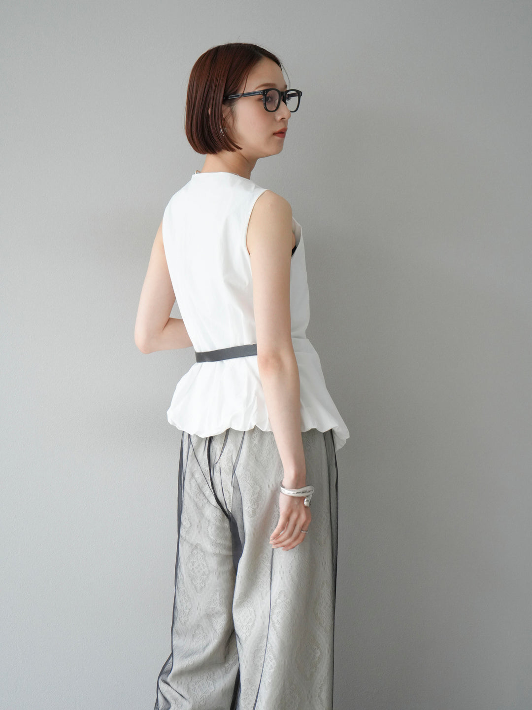 [SET]ベルトデザインバルーンブラウス+レースタックイージーパンツ(2set)