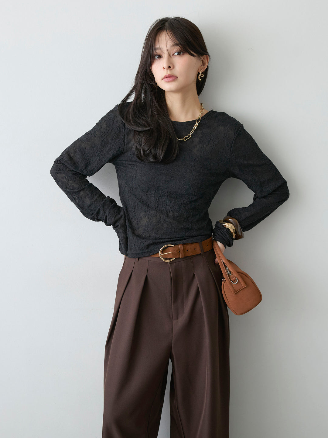 [SET]カットレースバックオープントップス+ツイルタックワイドパンツ(2set)