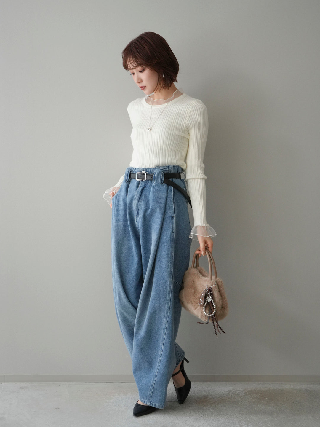 [SET]チュールドッキングリブニットトップス+ハイウエストベルトループデザインデニムパンツ(2set)