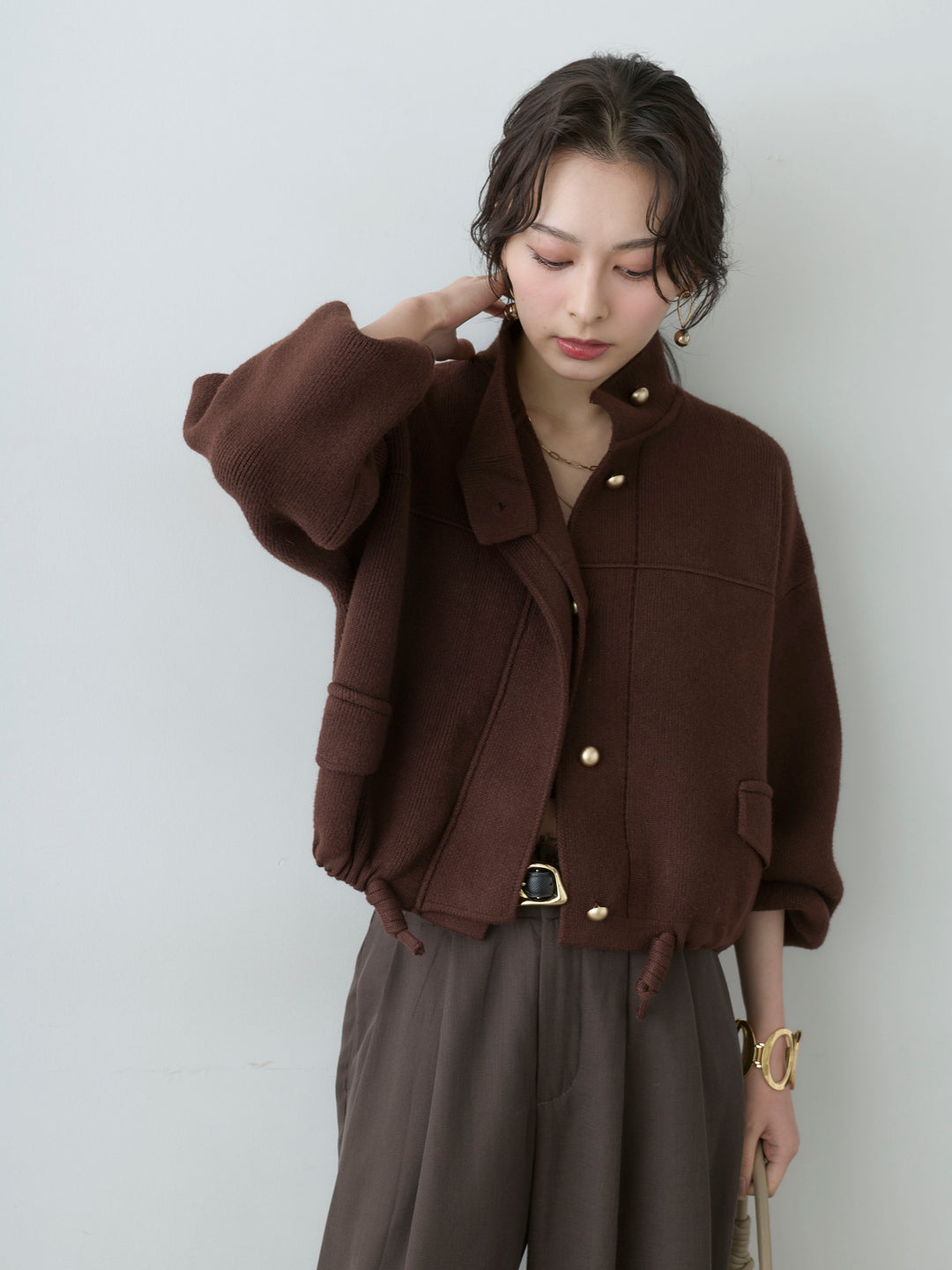 [予約]ゴールドボタンニットショートジャケット/brown