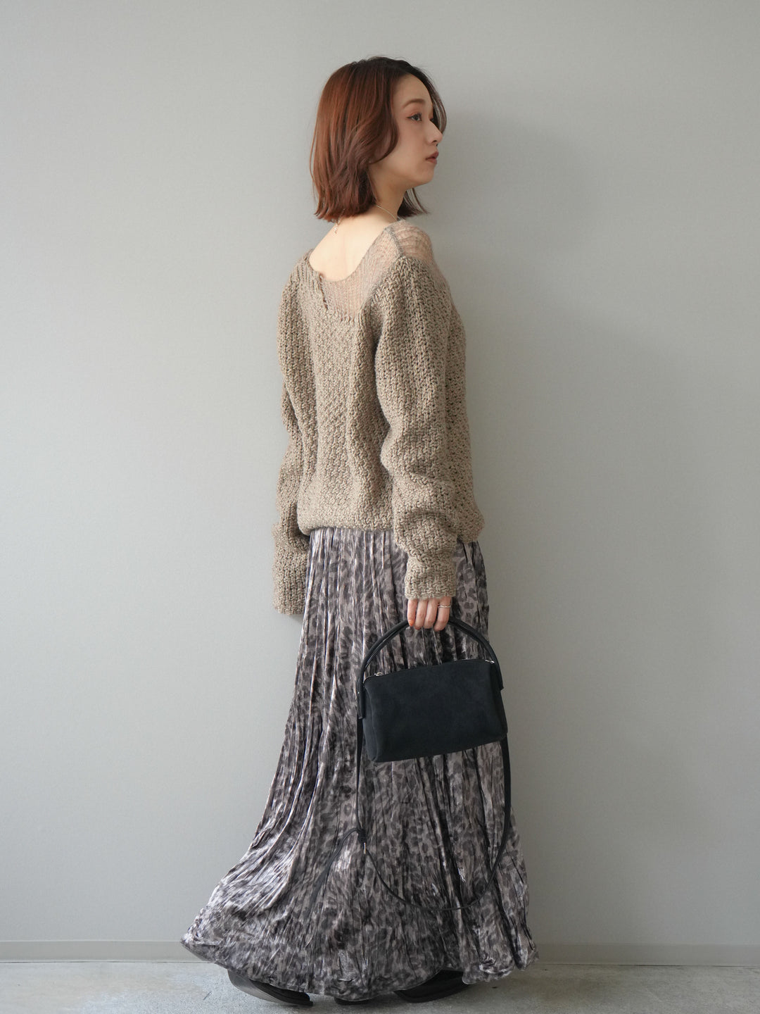 [予約]レオパードベロアワッシャーロングスカート/gray