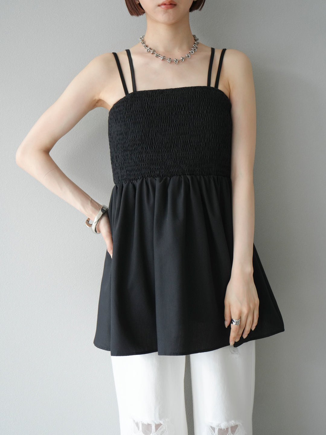 [予約]シャーリングフレアキャミプルオーバー/ブラック