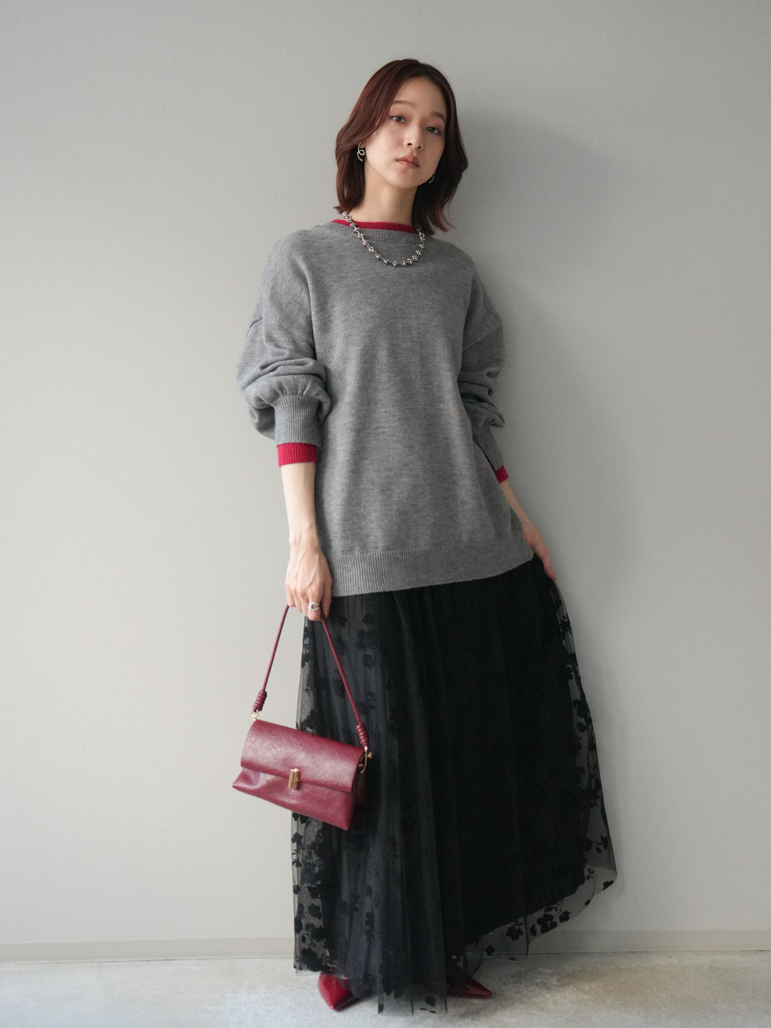 [SET]ヘンリーネック配色レイヤードニットプルオーバー+フラワーフロッキーチュールプリーツスカート(2set)