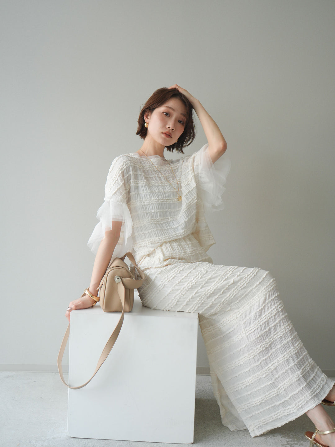 [SET]チュール袖リップルトップス+リップルIラインスカート(2set)