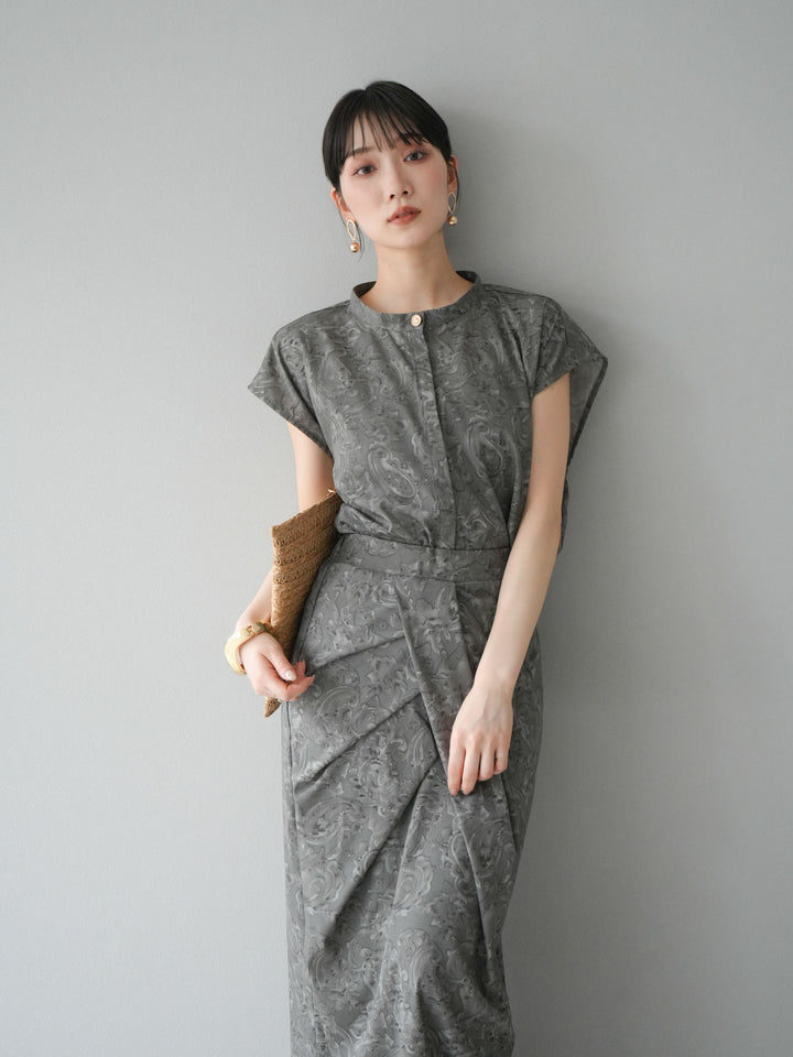 [SET]ペイズリープリントゴールドボタンブラウス+ペイズリープリントタックIラインスカート(2set)