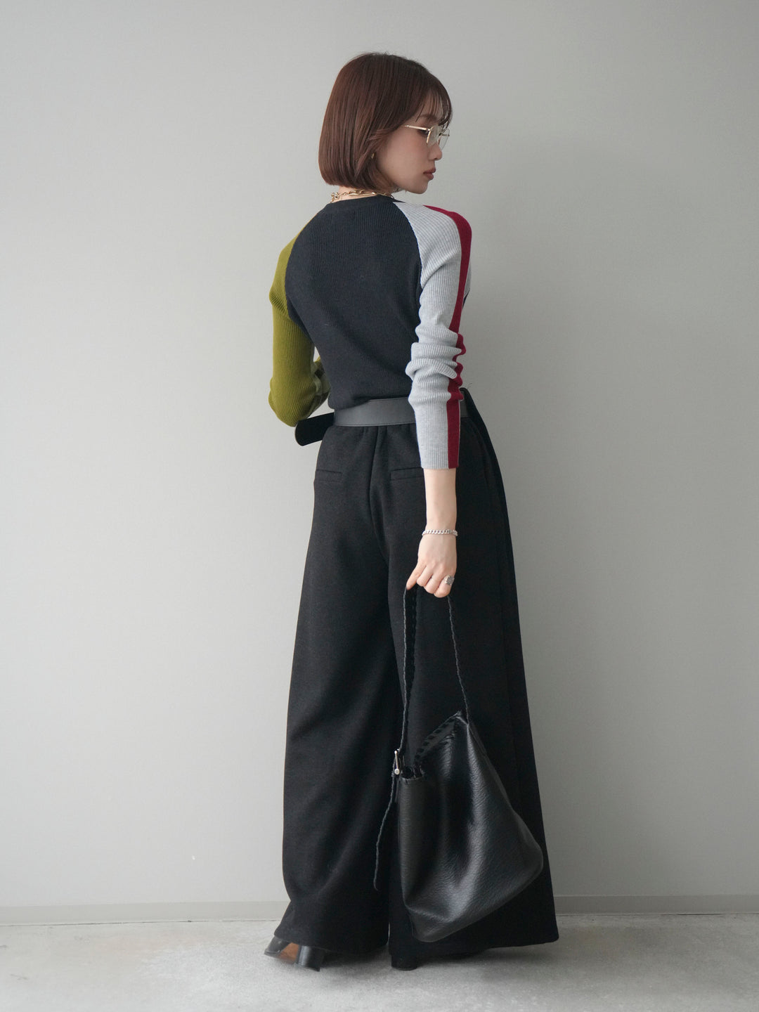 [SET]バイカラーラグランニットトップス+ベルトデザインループウールワイドパンツ(ベルト付)(2set)