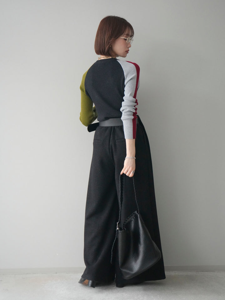 [SET]バイカラーラグランニットトップス+ベルトデザインループウールワイドパンツ(ベルト付)(2set)