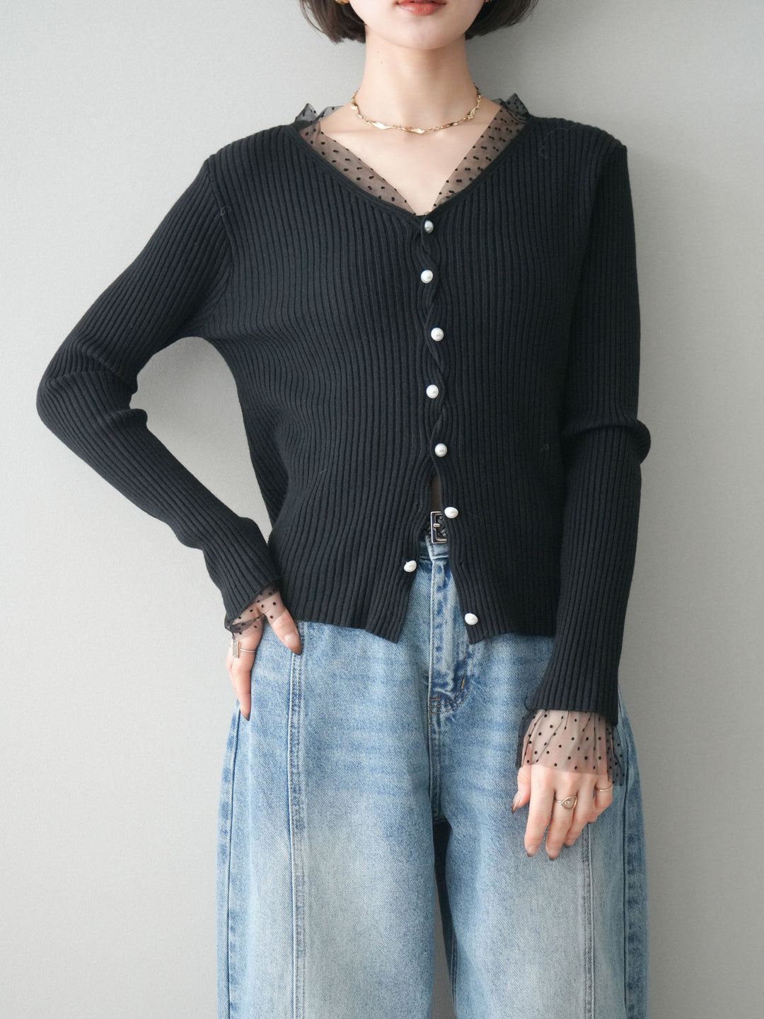 [SET]チュールドッキングパールボタンニットカーディガン+選べるアクセセット(2set)