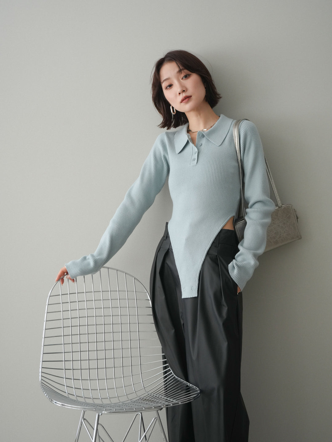 [予約]リブポロニットボディスーツ/blue