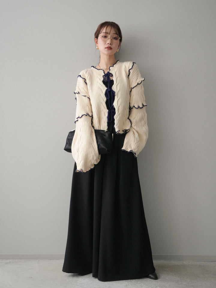 [SET]フロントリボン配色メローニットカーディガン+テープベルトタックバギーパンツ(2set)