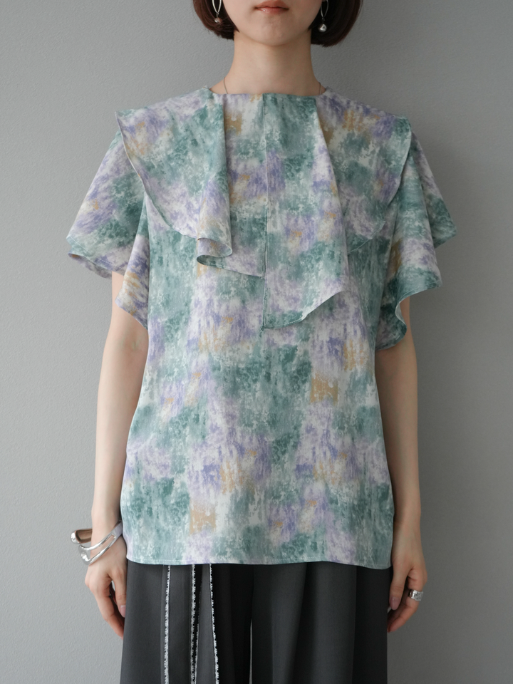 [予約]水彩アートラッフルカラーブラウス/グリーン