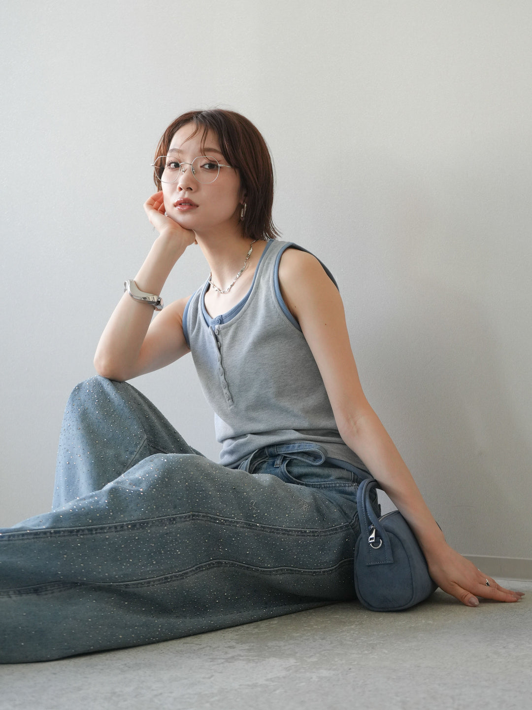 [SET]配色リブヘンリータンクトップ+ウエストベルトビジューワイドデニムパンツ(2set)