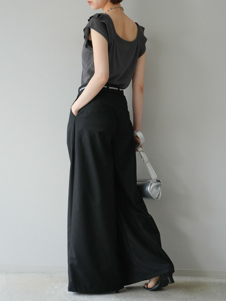 [予約]ウエスト折り返しロゴタックワイドパンツ/ブラック