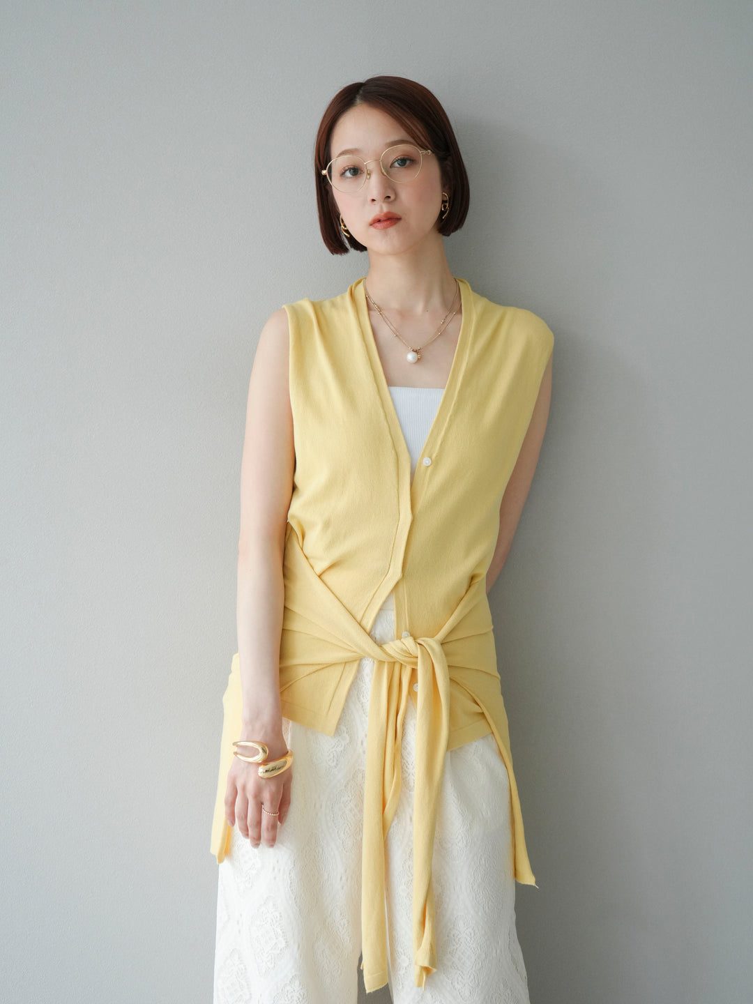 [SET]腰巻きデザインノースリーブニットカーディガン+レースタックイージーパンツ(2set)