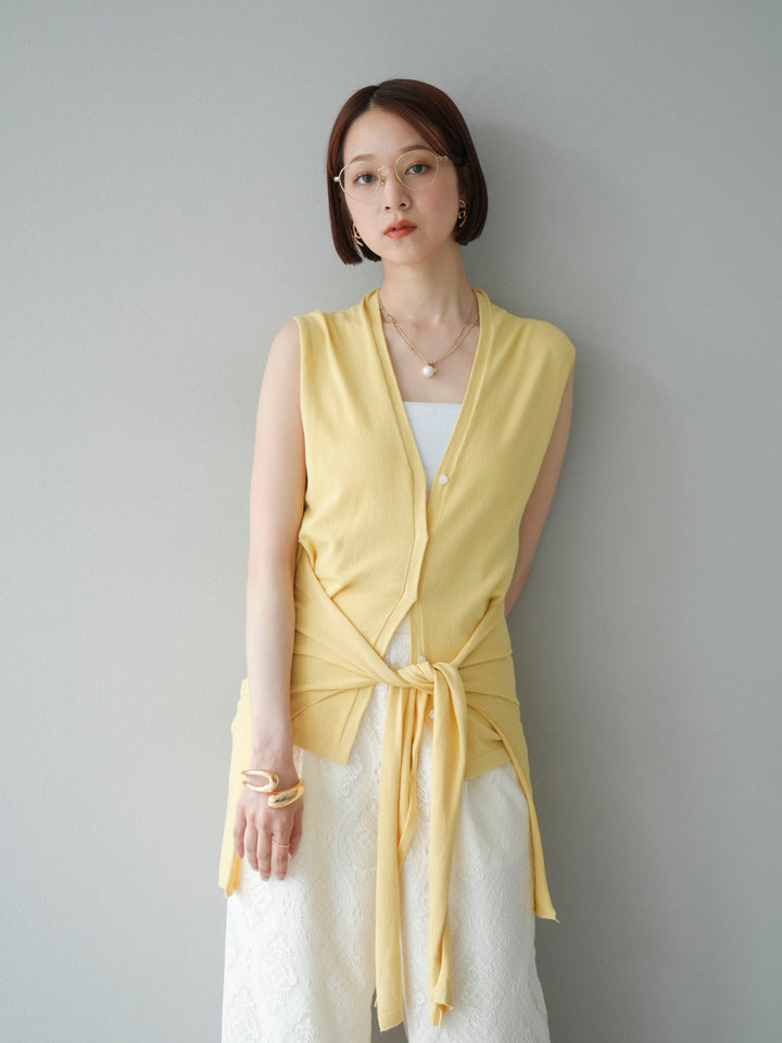 [SET]腰巻きデザインノースリーブニットカーディガン+レースタックイージーパンツ(2set)