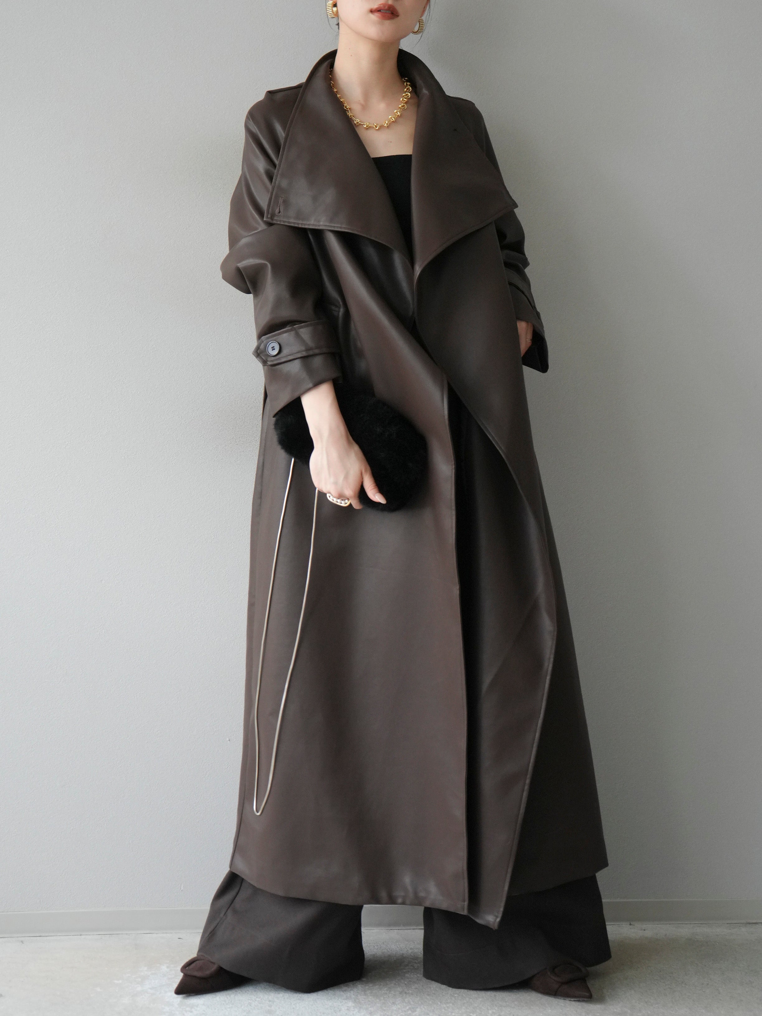 予約]BIGカラーレザーロングコート/ブラウン – Lumier