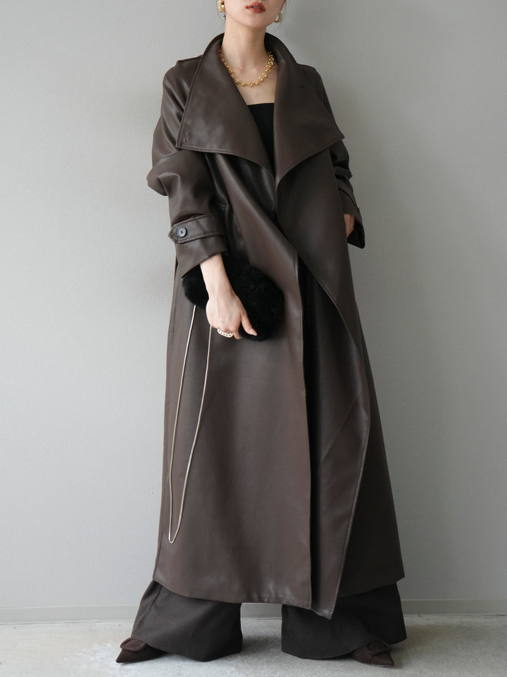 [予約]BIGカラーレザーロングコート/ブラウン
