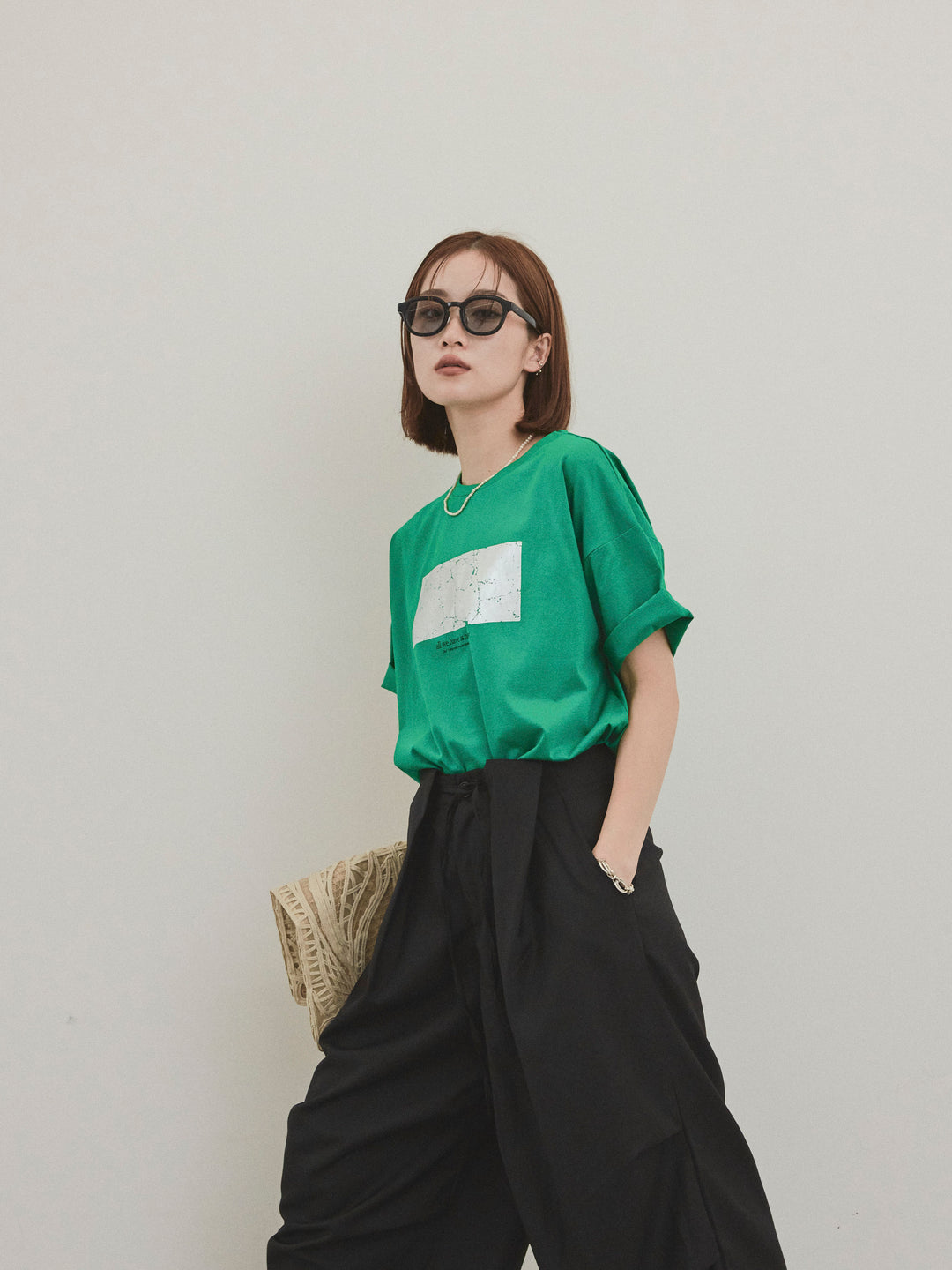 [予約]箔プリントドライタッチコットンTEE /グリーン