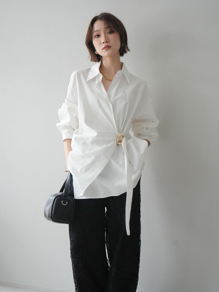 [SET]メタルパーツドレープシャツ+シアーコードレースイージーパンツ(2set)