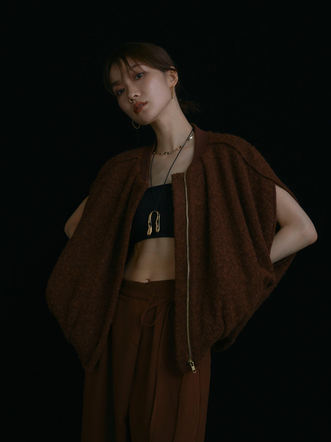 【Allure】[SET]ウール混コクーンブルゾン+ラップデザインタックワイドパンツ(2set)