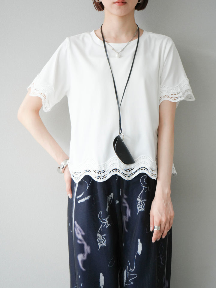 [SET]レース切替カットソー+コード刺繍チュールレイヤードパンツ(2set)