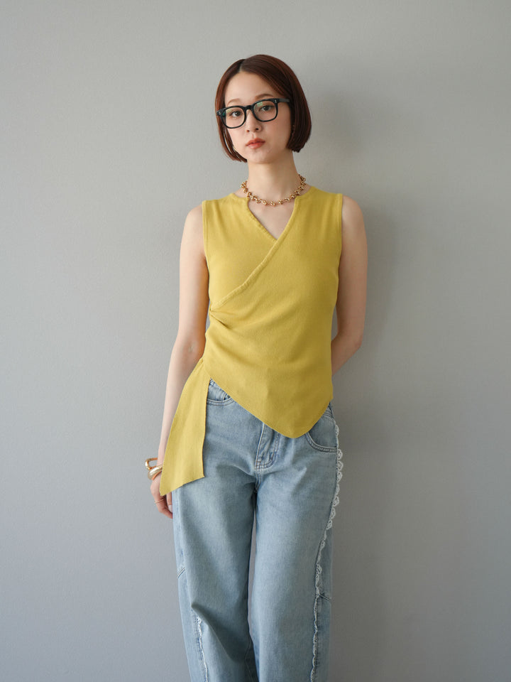 [SET]カシュクールノースリーブニットトップス+ラインレースデニムパンツ(2set)