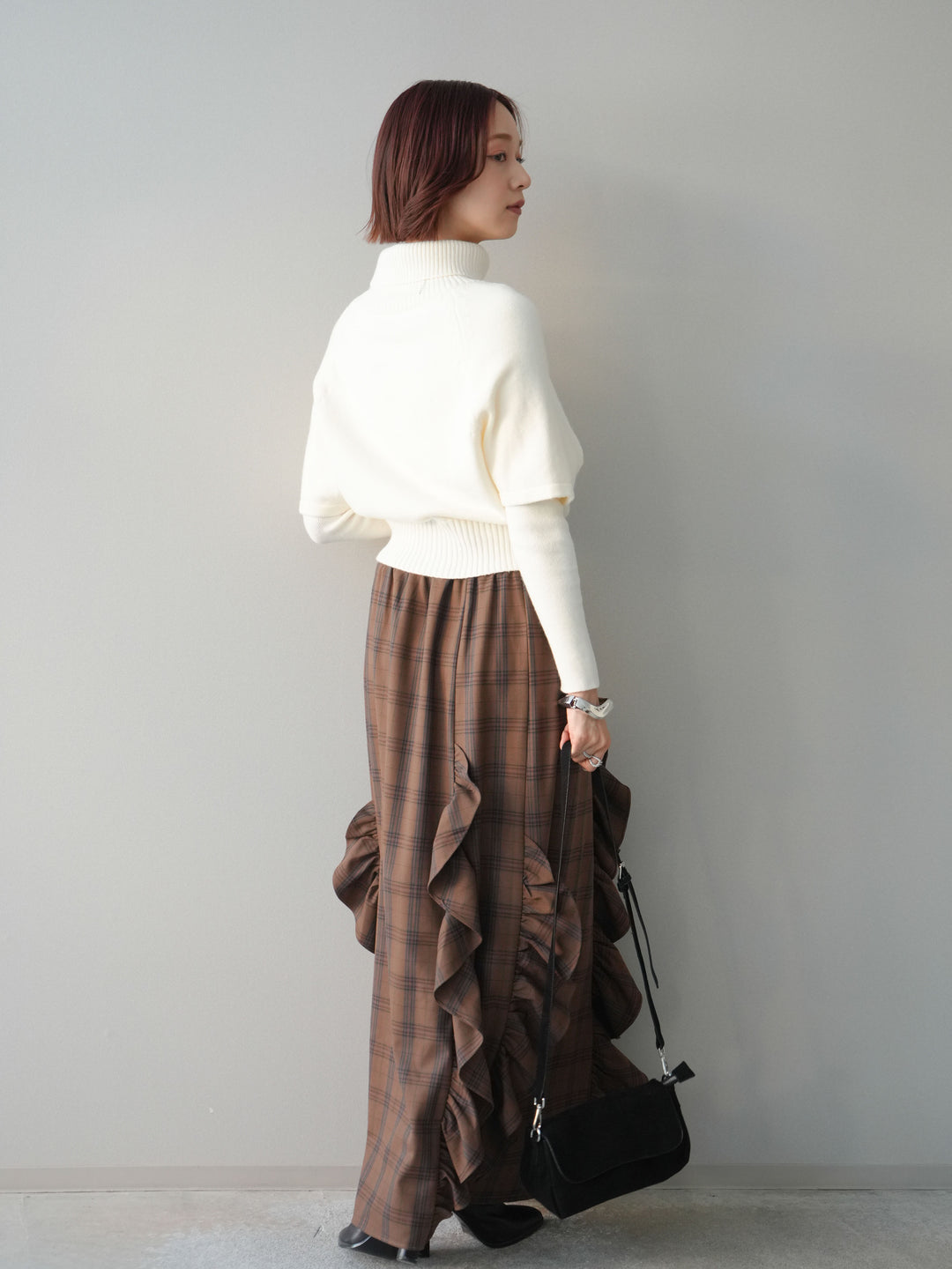 [予約]チェック柄フリルハイウエストマキシスカート/lightbrown