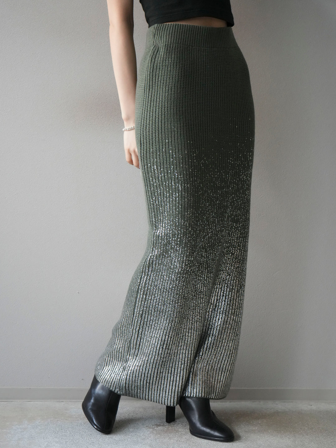 [予約]箔プリントニットタイトスカート/ashgreen