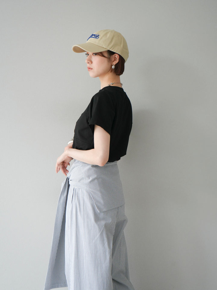 [SET]ビスチェデザインTシャツ+ウエスト巻きストライプイージーパンツ(2set)