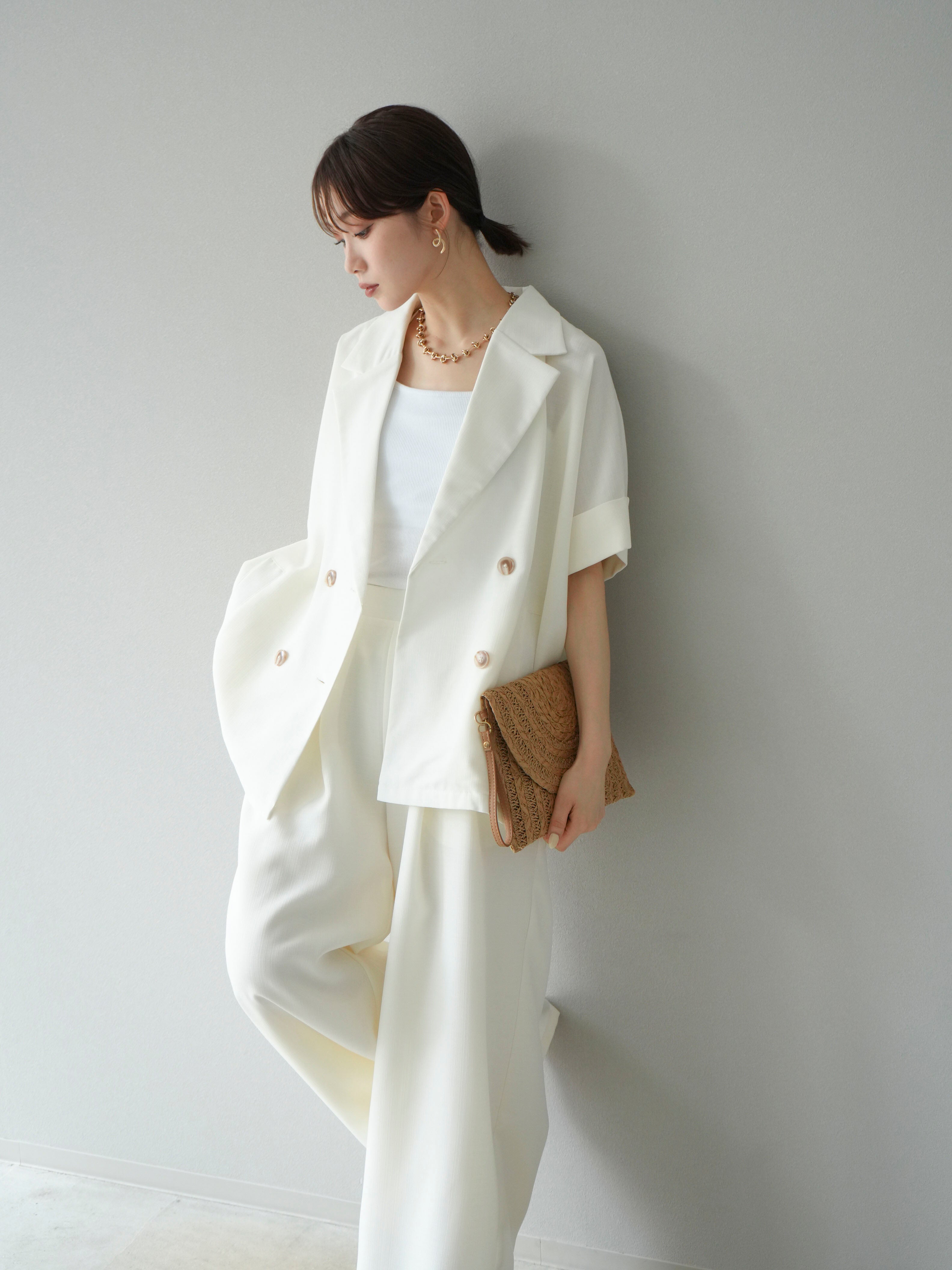 SET]リネンライクハーフテーラードジャケット+リネンライクイージー