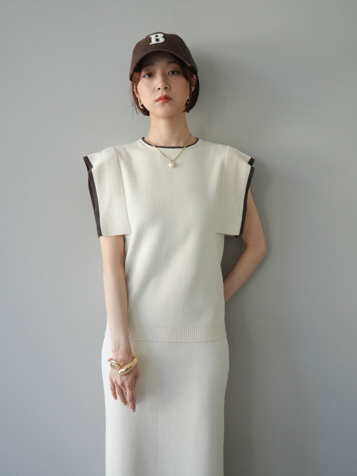 【預購】亞麻質感方袖拼色針織套頭衫/象牙白