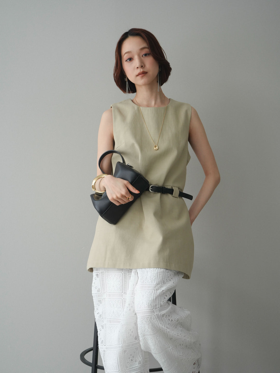 [SET]ベルト付リネンライクノースリチュニック+選べるアクセセット(2set)