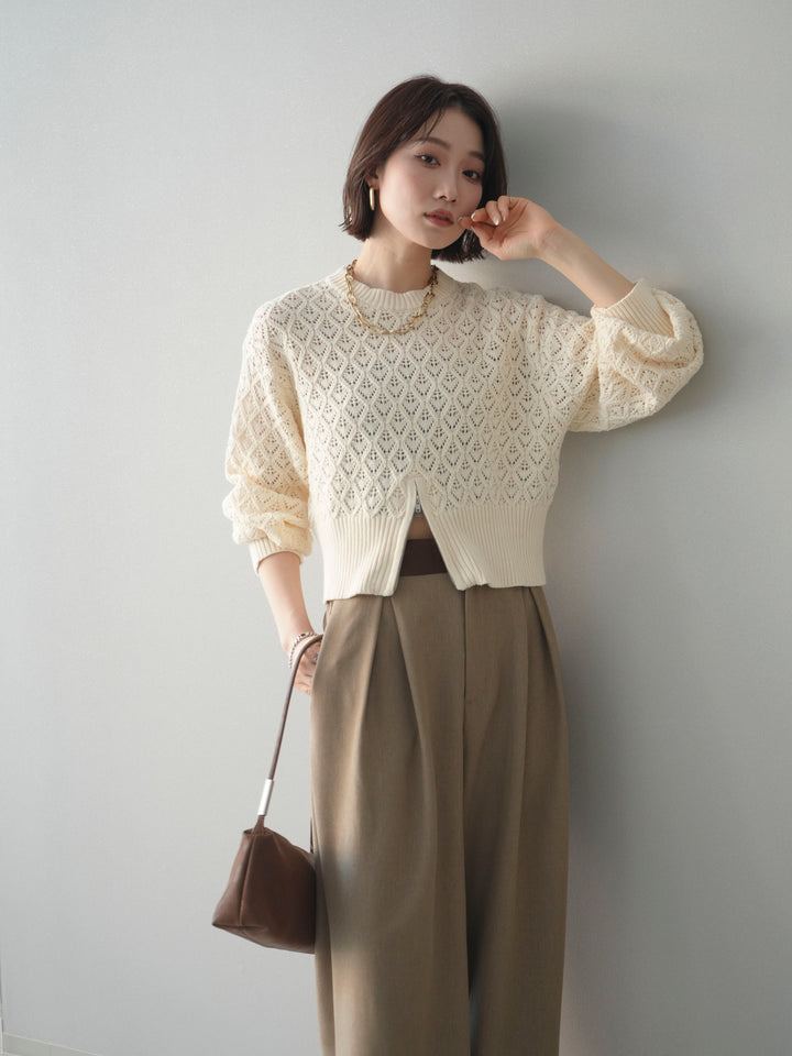 [予約]透かし編みフロントジップスリットニットプルオーバー/ivory
