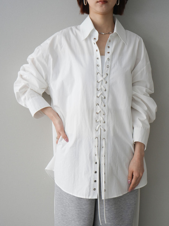 [SET]レースアップブロードシャツ+バイカラー異素材サイドラインライトポンチパンツ(2set)