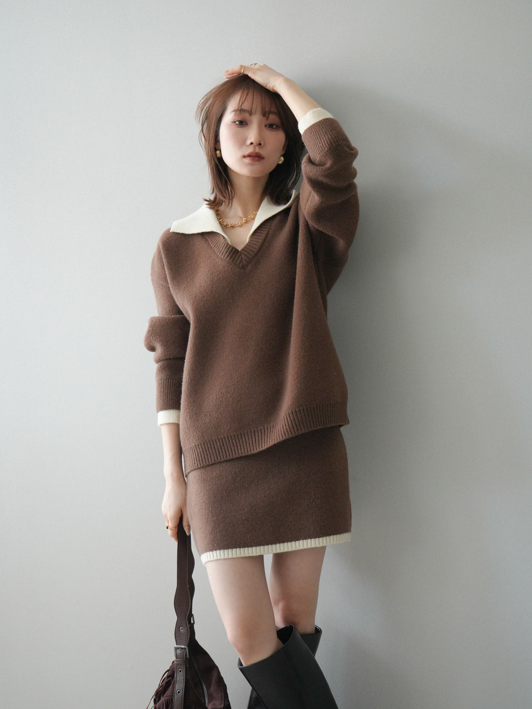 [SET]配色襟ニット＆ミニスカートSET UP+配色襟ニット＆ミニスカートSET UP(2set)